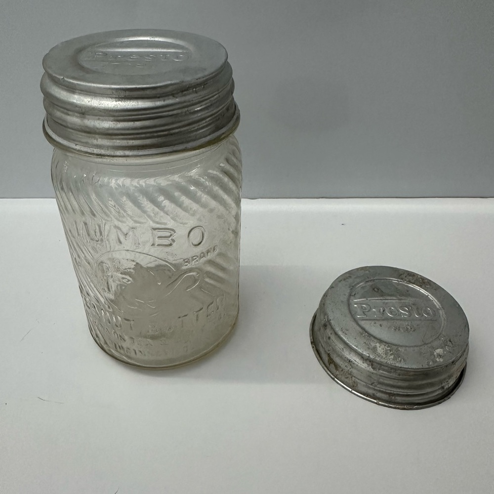 Vintage Glass Jumbo Peanut Butter Swirl Jar with Zinc Lids